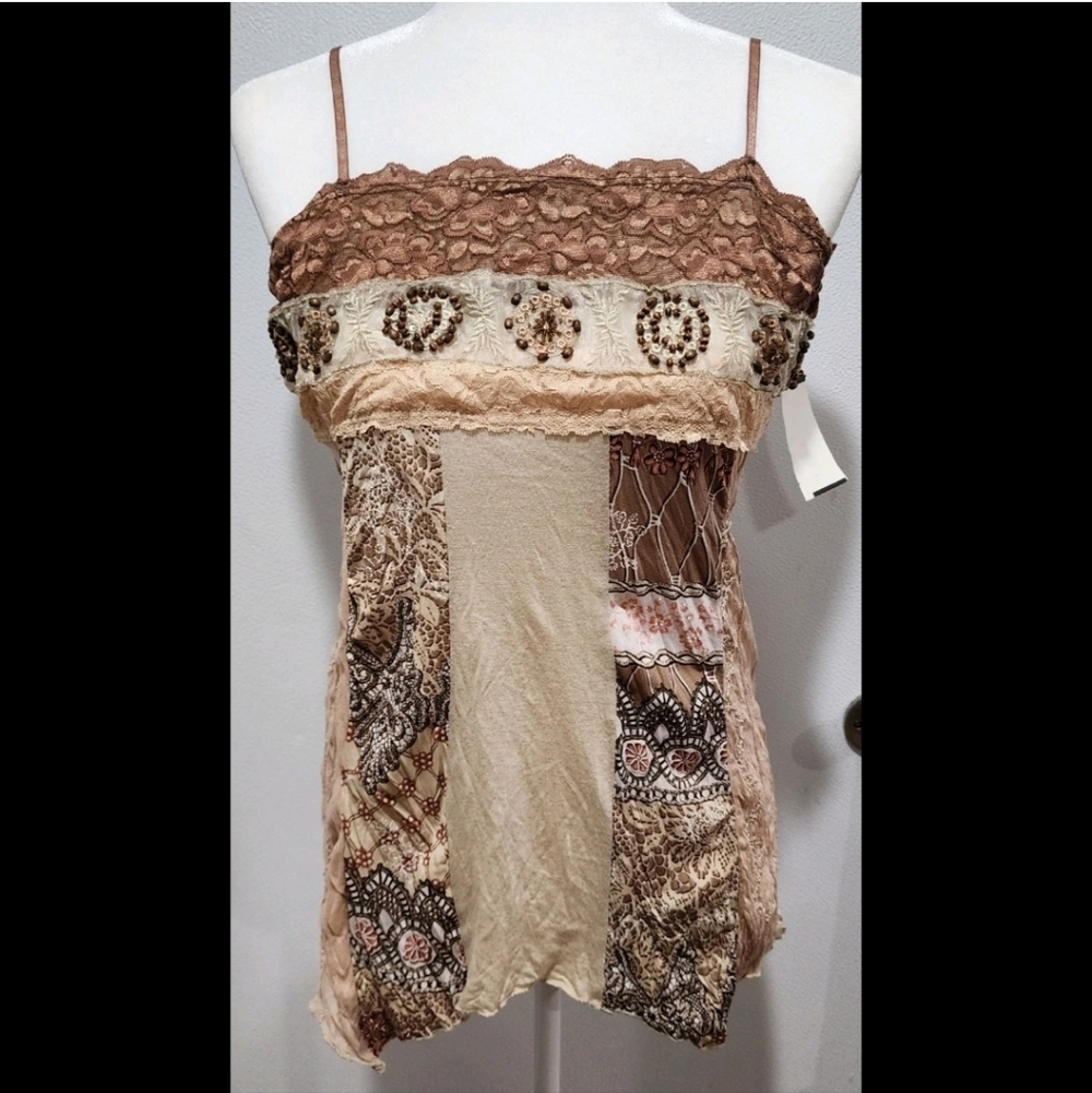 Moa Moa Beige and Brown Lace Patchwork Tank Top